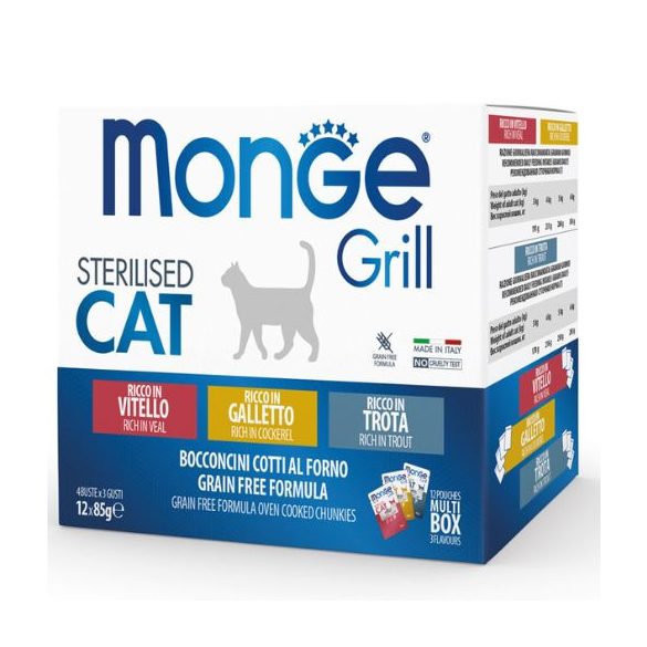 Monge Cat Grill Multibox Steril teľa–kohút–pstruh 12x85g