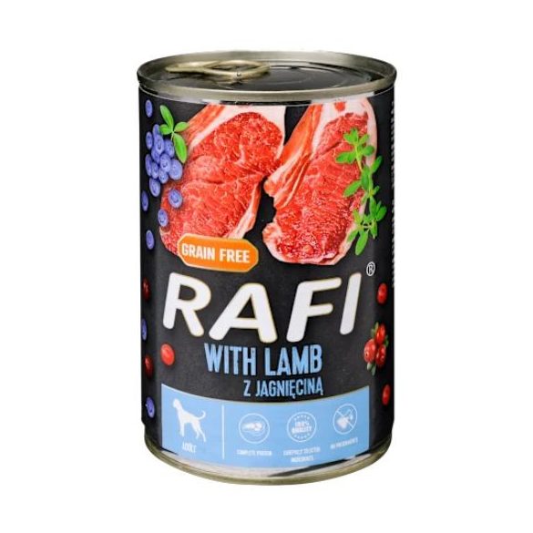 Rafi paštéta pre psov s jahňacím mäsom, červenými a modrými čučoriedkami, v konzerve 400g