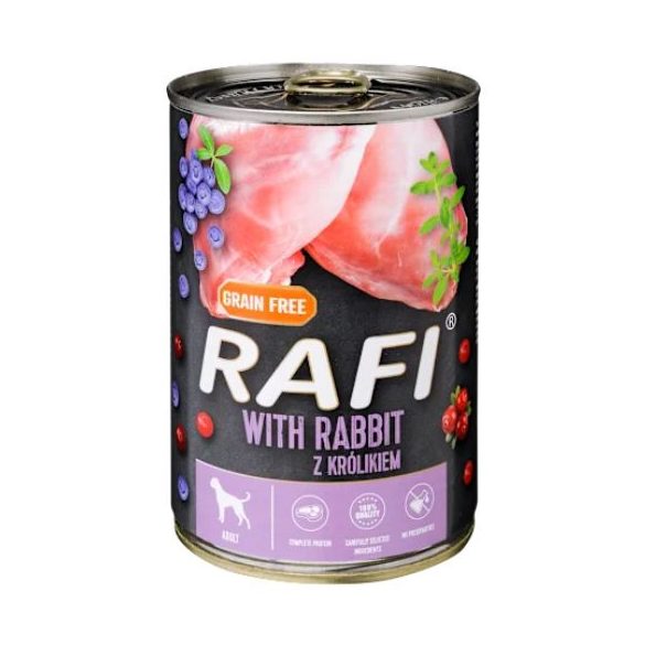 Rafi paštéta pre psov s králičím mäsom, červenými a modrými čučoriedkami, v konzerve 400g