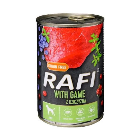 Rafi paštéta pre psov s divinou, červenými a modrými čučoriedkami, v konzerve 800g