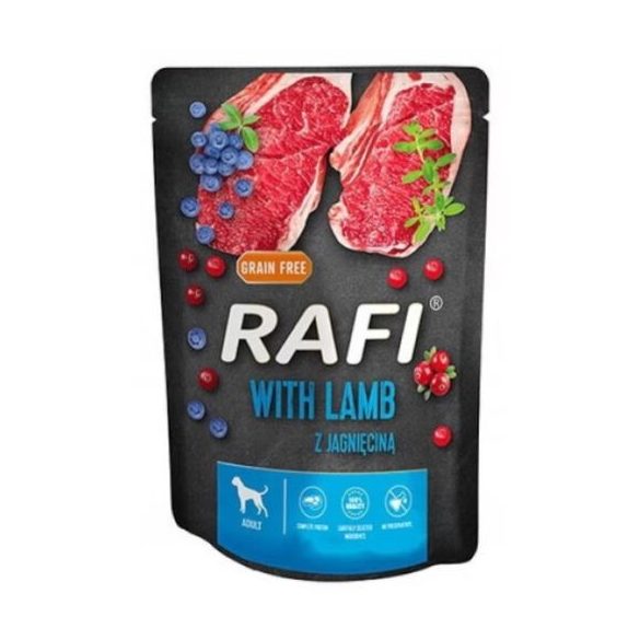 Rafi paštéta pre psov s jahňacím mäsom, červenými a modrými čučoriedkami, v kapsičke 300g