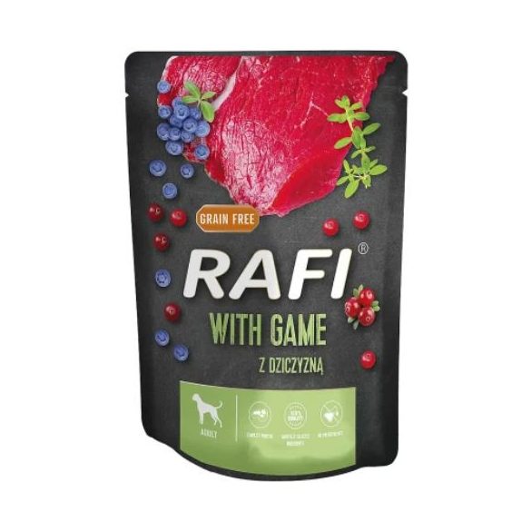 Rafi paštéta pre psov s divinou, červenými a modrými čučoriedkami, v kapsičke 300g